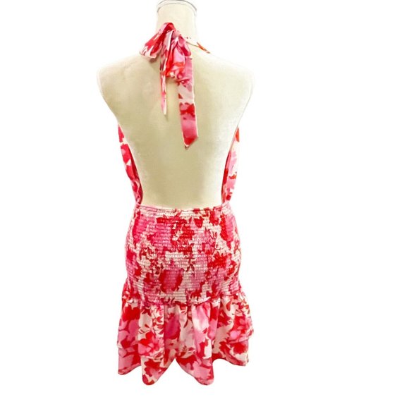 Fiji Fever Pink/Red Floral Smocked Ruffled Hem Mini Dress Medium Barbie Core - Picture 8 of 10